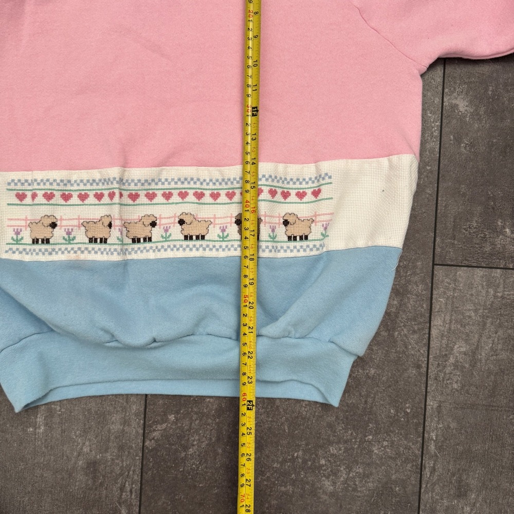 Vintage Fruit of the Loom Sheep Heart Colorblock Sweatshirt Pink Blue Large USA - Picture 5 of 7